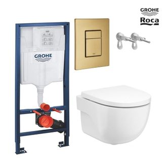 GROHE Pack Wc Suspendido Con Bastidor Grohe Rapid Sl + Pulsador Skate Oro Cepillado + Inodoro Roca Meridian Blanco 48 Cm