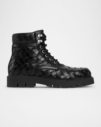 Bottega Veneta Mens Haddock Intrecciato Calfskin Lace-Up Boots