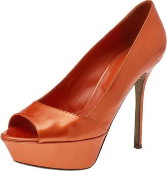 Sergio Rossi Orange Patent Leather Peep Toe Platform Pumps