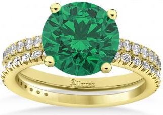 Allurez Lab Emerald & Diamond Round-Set Semi-Eternity Bridal Set 14k Yellow Gold (2.92ct)
