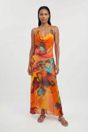 Karen Millen Womens Beach Viscose Georgette Photographic Floral Slip Dress - Orange - Size X-Small