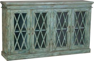 Wanderlust Deco Aparador de madera y cristal con 4 puertas, 170x40x100h cm azul