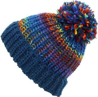 Loud Elephant Wool Knit Beanie Bobble Hat - Blue Rainbow