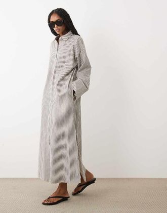 Arket Vestito camicia in puro cotone marrone a righe