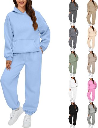 Generic Ladies Plain Tracksuit Long Sleeve Hoodie And Cuffed Jogging Bottoms Two Piece Outfit Fall Winter Lounge Wear Full Set Sky Blue 3Xl
