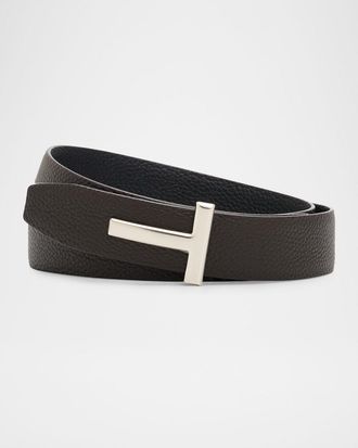 Tom Ford Mens Reversible T-Buckle Grained Leather Belt