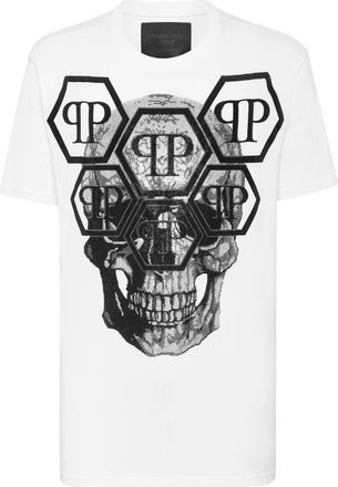 Philipp Plein Tops, Heren, Wit, 3Xl, Katoen, T-shirt Ronde Hals SS Skull with Crystals