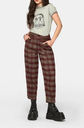 Disturbia Cecily Buckle Check Balloon Trousers in Burgundy at Nordstrom, Size 14