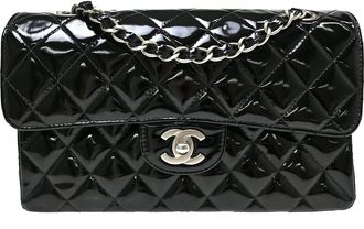 Chanel Classic Double Flap Quilted Crinkled Patent Black Patent_Leather Handbag (Pre-Owned)