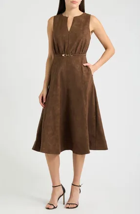 En Saison Eloise Belted Faux Suede Midi Dress in Brown at Nordstrom, Size X-Small