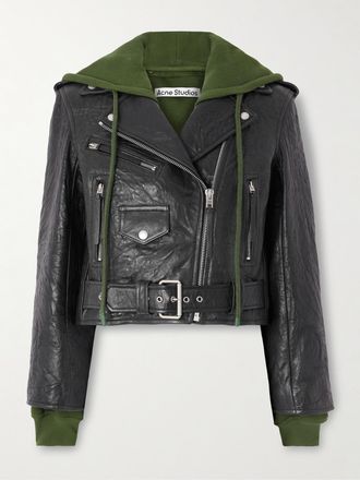 Acne Studios Giacca Biker In Pelle Testurizzata E Jersey Di Cotone Biologico A Strati - Nero