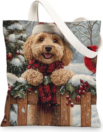 Generic Christmas Cockapoo Dog Canvas Tote Bag for Shopping 13x15, Xmas Farmhouse Cardinal Puppy Reusable Grocery Print Bag for Women Men, Holiday Pet Aesthet