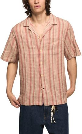 Lucky Brand Stripe Linen & Cotton Camp Shirt in Coral Multi at Nordstrom, Size Xx-Large
