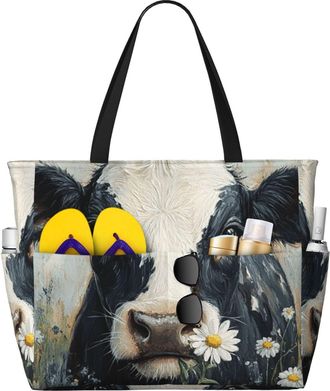Generic Cow Print Print Large Beach Bag Foldable Travel Shoulder Tote Bag With Pocket For Weekender Pool Vacation