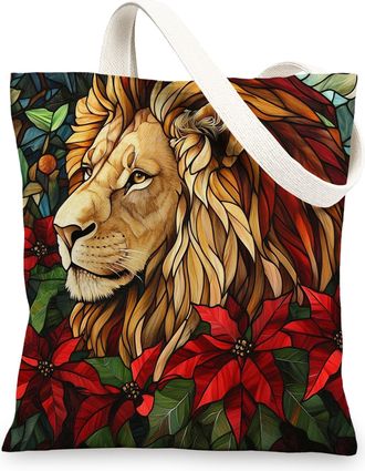 Generic Christmas lion Canvas Tote Bag for Shopping 13x15, Stained Glass Animal Xmas Reusable Grocery Print Bag for Women Men, Holiday Wildlife Aesthetic Pain