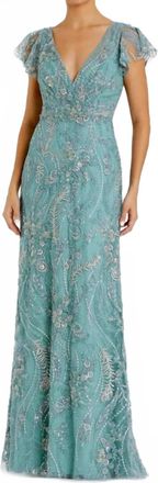 Mac Duggal V Neck Flutter Sleeve Embroidered Lace Gown In Seafoam