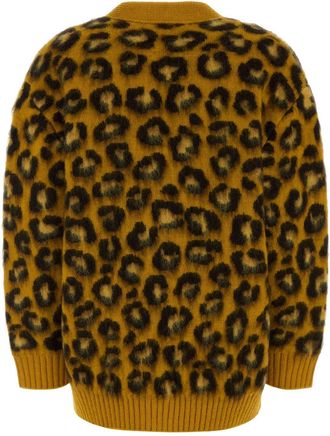 Bottega Veneta Womens Leopard Cardigan Yellow Wool Mohair Nylon