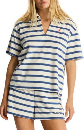 Sea Level Australia Ahoy Stripe Cotton Blend French Terry Cover-Up Polo Shirt in Denim Blue at Nordstrom, Size X-Small