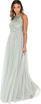 Maya Womens Green Lily Embellished Halter Neck Maxi Bridesmaid Dress, Green Lily, 18 Plus UK