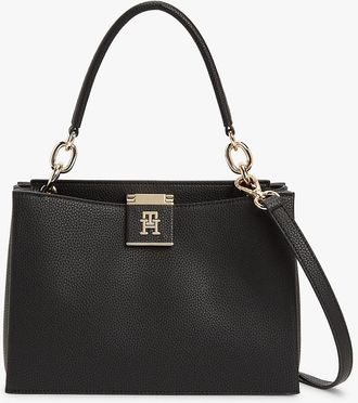Tommy Hilfiger Womens Monogram Clasp Medium Satchel Bag - Black
