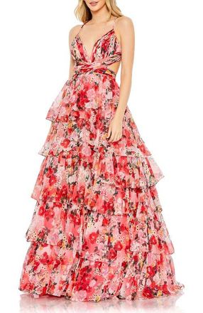 Mac Duggal Floral Printed Chiffon Ruffle Tiered Cut Out Ballgown in Pink Multi at Nordstrom, Size 12