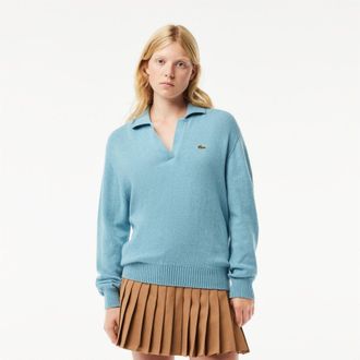 Lacoste Womens Crocodile Logo Collared Neck Long Sleeve Sweater in Agrion - Blue - Size 12 UK