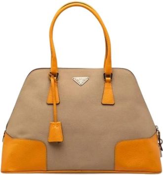 Prada Pre-owned Vintage Canvas Handtas - Dames - Vintage Handtas - Beige - ONE Size - Leer - Vintage