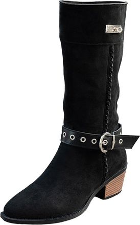 Generic Cowgirl Boots Size 5 Lined Suede Buckle Boot with Northwest Wind Design Wear Pile Boots & Retro Pointed Toe Boot Winter Shoes for Women Black