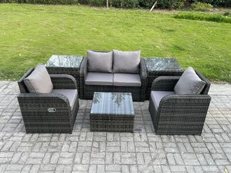 Fimous Wicker PE Rattan Garden Furniture Set Outdoor Lounge Sofa Set with Love Sofa Square Coffee Table 2 Side Table in Dark Grey