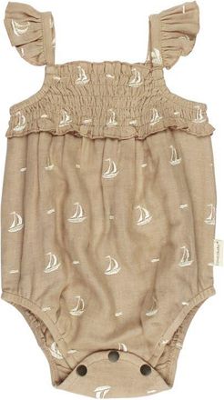 LOvedbaby Organic Cotton Embroidered Anchor Romper in Oatmeal Sailboat at Nordstrom, Size 9-12M