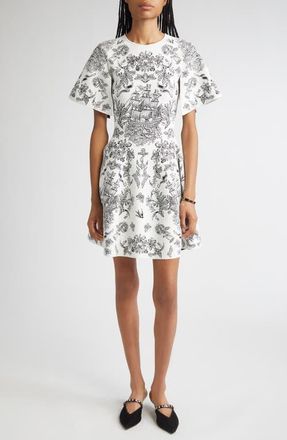 Alexander McQueen Sailor Tattoo Jacquard Cape Sleeve Fit & Flare Sweater Dress in Ivory/black at Nordstrom, Size Medium