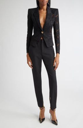 Balmain Zip Hem Slim Fit Wool Grain de Poudre Pants in Black/Black at Nordstrom, Size 10 Us