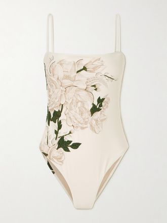 Agua Bendita Costume Da Bagno In Tessuto Riciclato Stampato Con Ricamo E Perline Durazno Gardenia - Crema
