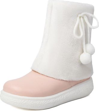 Generic Womens Flat Heel Platform Boots with Bow Round Toe Winter Short Boot PU Leather Ankle Boots with Side Zipper,Pink,4.5 UK