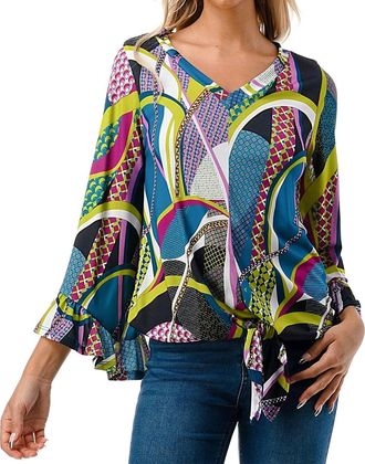 Vava Ivy Fron Tie Vneck Top In Black Purple Geo