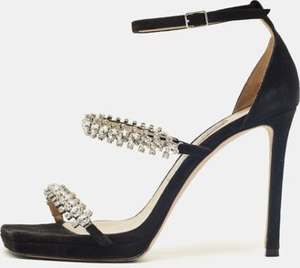 Jimmy Choo London Black Suede Bing Crystal Ankle Strap Sandals