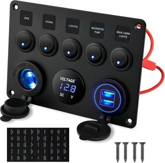 OEM Interrupteur A Bascule 5 Posiciones - Panel De Control 12 V 24 V Con Voltimetro Digital Usb Doble Y Toma 12 V - Ip65 - 1 Unidad