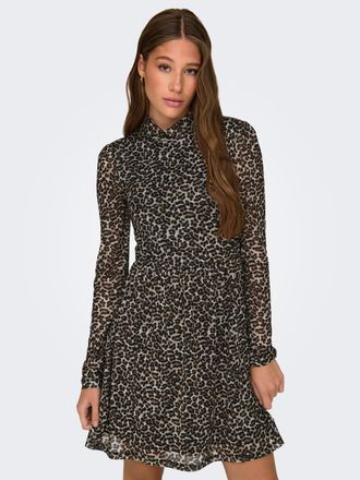 Only Minikleid ONLY ONLERICA LIFE L/S HIGH NECK DRESS JRS, Damen, Gr. S, N-Gr, beige (pumice stone aop:everyday leo), Obermaterial: 95% Polyester, 5% Elast