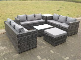 Fimous Outdoor Rattan Garden Furniture Lounge Sofa Set With Oblong Coffee Table & Side Tall High Table in Dark Grey