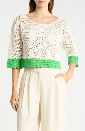 Ramy Brook Kristina Openwork Top in Ivory/tropic Green Colorblock at Nordstrom Rack, Size Xx-Small