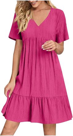 Generic Womens Dresses Summer for Women UK Casual Ladies Midi Dress Elegant Beach Ruffle Flowy A Line V Neck Short Sleeve Shirt Sundress Cotton Dresses for Wo