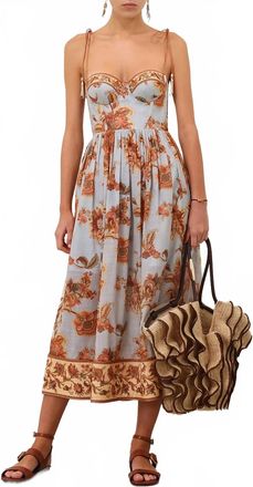 Zimmermann Aster Corset Midi Dress In Blue Jacobean