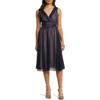 Connected Chiffon Overlay Fit & Flare Dress in Navy/mauve at Nordstrom, Size 16