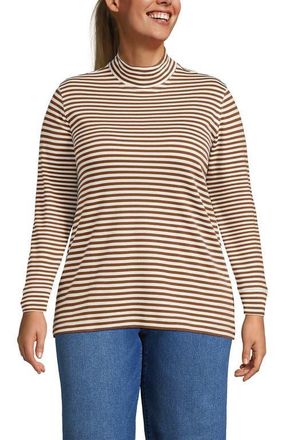 Lands End Plus Size Relaxed Cotton Long Sleeve Mock Turtleneck in Rich Ginger/ivory Stripe at Nordstrom, Size 2X