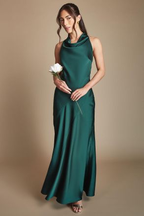 Oasis Womens Emerald Cowl Halterneck Satin Maxi Bridesmaid Dress - Size 10 UK