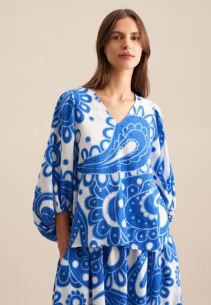 Seidensticker Shirtbluse SEIDENSTICKER Schwarze Rose, Damen, Gr. 3XL (46), blau, 65% Baumwolle, 35% Leinen, Paisley, regular fit, V-Ausschnitt, Blusen Shirtbluse, 3