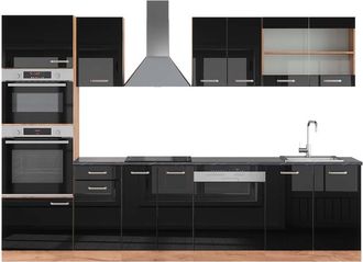 Vicco Mueble De Cocina R-line, Roble Negro/dorado De Alto Brillo, 300 Cm Con Armario Alto, Et Antracita