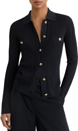 Reiss Harri Rib Knit Button-Up Shirt in Navy at Nordstrom, Size X-Small