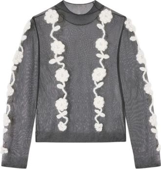 Ganni Flower Crochet Turtleneck - Dames - Ronde hals truien - Zwart - XS - Wol - Truien & Vesten