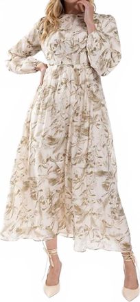 Static Leafy Print Long Sleeve Midi Dress In Olive